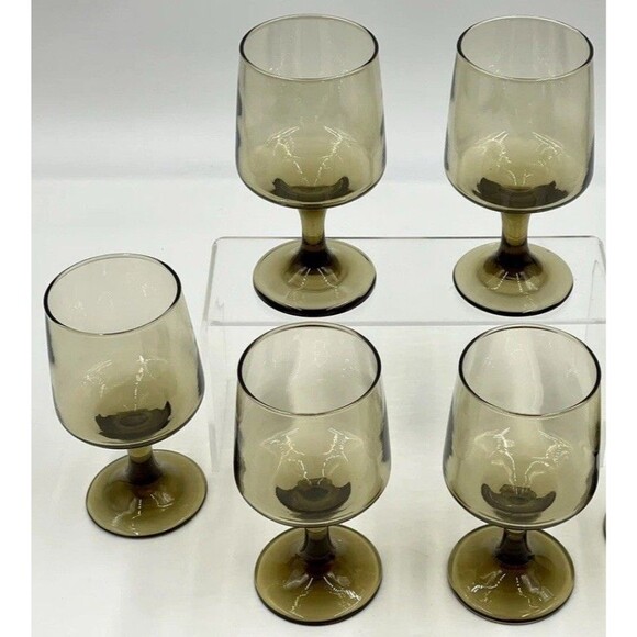 Set of 5 Vintage Libbey Tawny Accent Brown Smoked Wine Glasses 1970s Libby 10oz - Picture 3 of 3